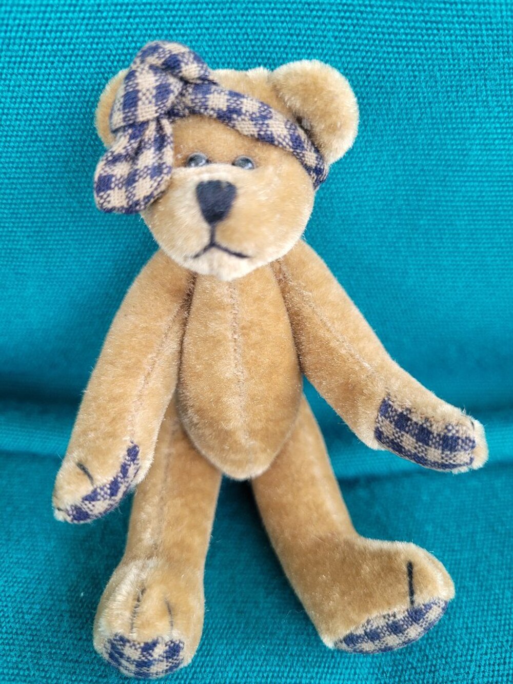 Vintage Springford 4" Miniature Bear Plush Blue Gingham Bow Fully Jointed EUC